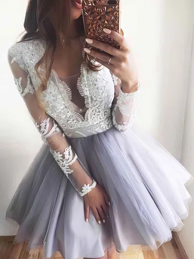 A-line V-neck Tulle Lace Short/Mini Short Prom Dresses With Appliques Lace #Favs020020110236