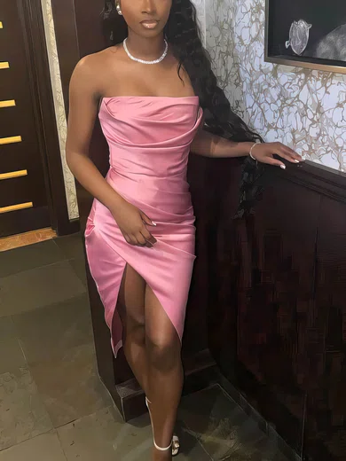 Sheath/Column Strapless Silk-like Satin Tea-length Short Prom Dresses With Split Front #Favs020020111098