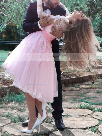 Famous A-line V-neck Tulle Knee-length Appliques Lace Pink Long Sleeve Short Prom Dresses #Favs020020103707