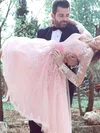 Famous A-line V-neck Tulle Knee-length Appliques Lace Pink Long Sleeve Short Prom Dresses #Favs020020103707