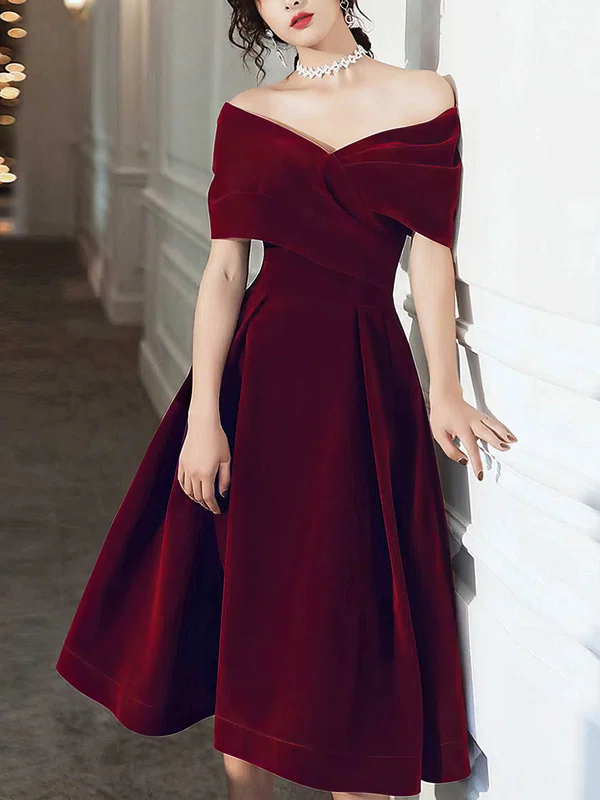 A-line Off-the-shoulder Velvet Tea-length Short Prom Dresses #Favs020020108386