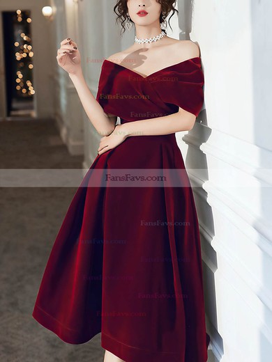 A-line Off-the-shoulder Velvet Tea-length Short Prom Dresses #Favs020020108386