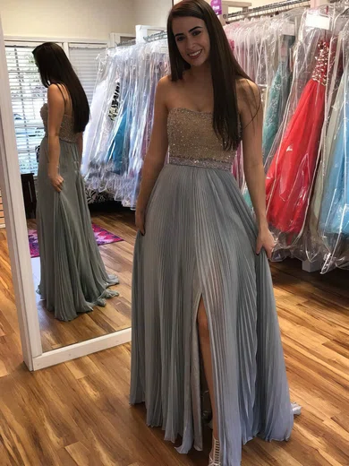 A-line Strapless Chiffon Floor-length Beading Prom Dresses #Favs020105300