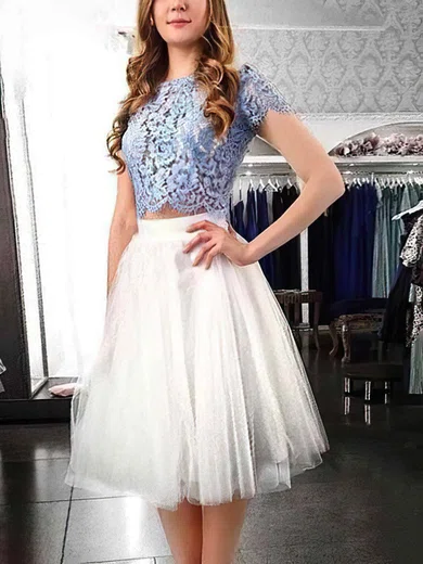 A-line Scoop Neck Lace Tulle Tea-length Short Prom Dresses With Appliques Lace #Favs020020110248