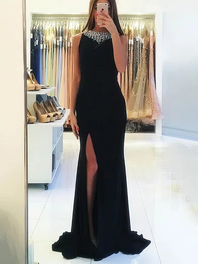 Sheath/Column Scoop Neck Chiffon Sweep Train Beading Prom Dresses #Favs020105344