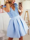 A-line V-neck Satin Short/Mini Short Prom Dresses With Appliques Lace #Favs020020110254
