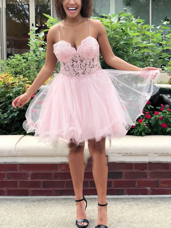 A-line Sweetheart Tulle Knee-length Short Prom Dresses With Lace #Favs020020111115