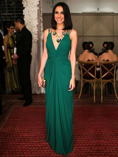 Sheath/Column V-neck Chiffon Floor-length Ruffles Prom Dresses #Favs020105350