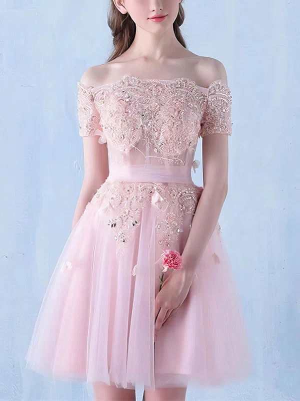 A-line Off-the-shoulder Tulle Knee-length Short Prom Dresses With Lace #Favs020020111119