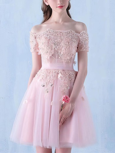 A-line Off-the-shoulder Tulle Knee-length Short Prom Dresses With Lace #Favs020020111119