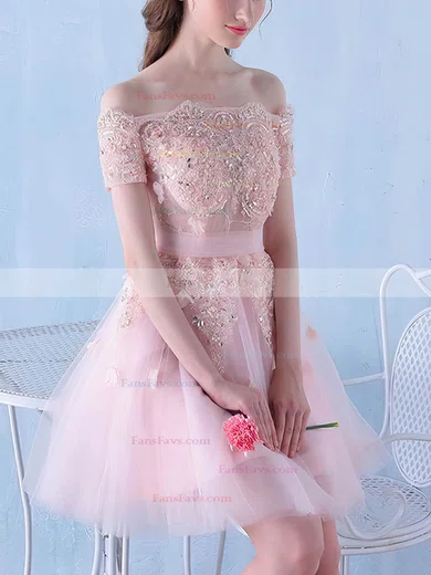 A-line Off-the-shoulder Tulle Knee-length Short Prom Dresses With Lace #Favs020020111119