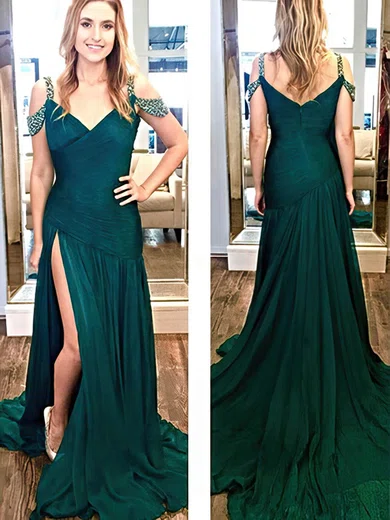 A-line V-neck Chiffon Sweep Train Beading Prom Dresses #Favs020105354