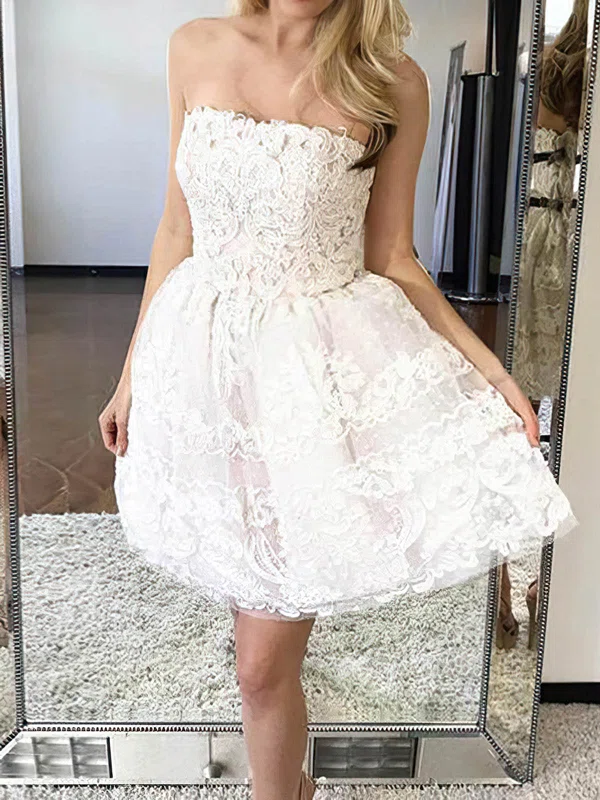 A-line Strapless Lace Tulle Short/Mini Short Prom Dresses With Appliques Lace #Favs020020110260