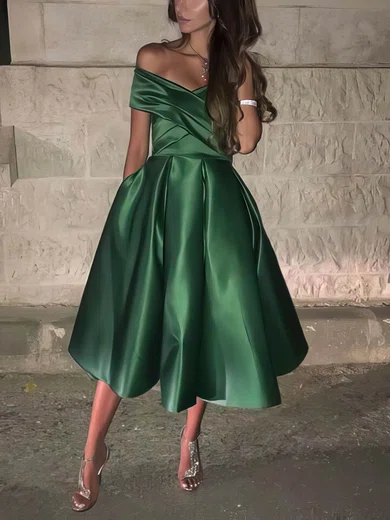 A-line Off-the-shoulder Satin Tea-length Short Prom Dresses With Pockets #Favs020020111122