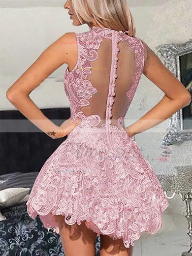 A-line High Neck Lace Tulle Short/Mini Short Prom Dresses With Appliques Lace #Favs020020110265