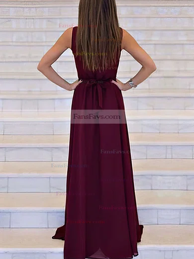 A-line V-neck Chiffon Sweep Train Sashes / Ribbons Prom Dresses #Favs020105360