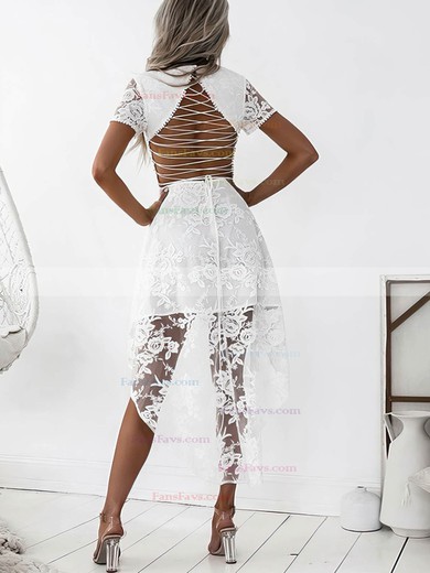 A-line V-neck Lace Asymmetrical Short Prom Dresses #Favs020020110266