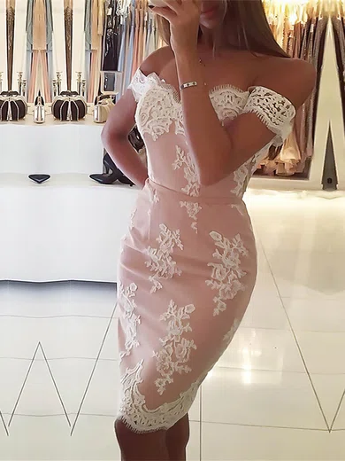 Sheath/Column Off-the-shoulder Lace Tulle Knee-length Short Prom Dresses With Appliques Lace #Favs020020110268