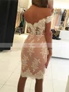 Sheath/Column Off-the-shoulder Lace Tulle Knee-length Short Prom Dresses With Appliques Lace #Favs020020110268