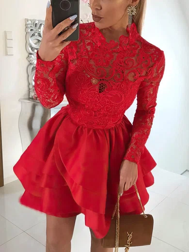 A-line High Neck Satin Short/Mini Short Prom Dresses With Lace #Favs020020110373