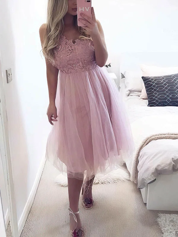 A-line V-neck Tulle Knee-length Short Prom Dresses With Lace #Favs020020110379