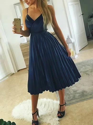 A-line V-neck Silk-like Satin Tea-length Short Prom Dresses With Pleats #Favs020020110380