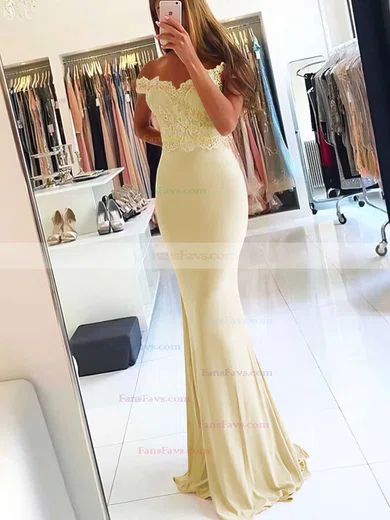 Sheath/Column Off-the-shoulder Jersey Sweep Train Beading Prom Dresses #Favs020105707