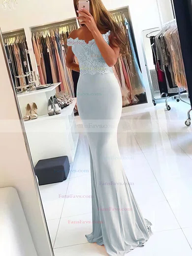 Sheath/Column Off-the-shoulder Jersey Sweep Train Beading Prom Dresses #Favs020105707