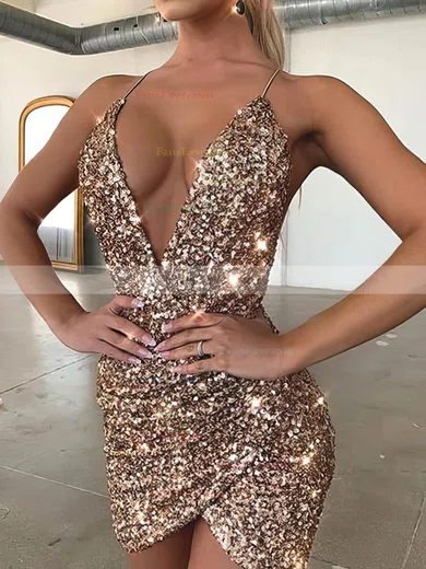 Sheath/Column V-neck Sequined Short/Mini Short Prom Dresses With Split Front #Favs020020111142