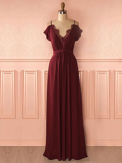 A-line V-neck Chiffon Floor-length Lace Prom Dresses #Favs020105740
