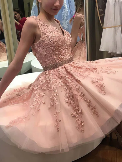 A-line V-neck Tulle Short/Mini Short Prom Dresses With Lace #Favs020020111148