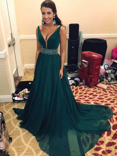 A-line V-neck Chiffon Sweep Train Beading Prom Dresses #Favs020105755
