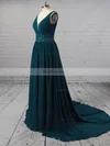 A-line V-neck Chiffon Sweep Train Beading Prom Dresses #Favs020105755