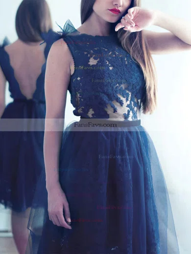 A-line Scoop Neck Tulle Knee-length Short Prom Dresses With Lace #Favs020020110410