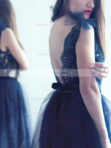 A-line Scoop Neck Tulle Knee-length Short Prom Dresses With Lace #Favs020020110410