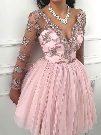 A-line V-neck Lace Tulle Short/Mini Short Prom Dresses With Appliques Lace #Favs020020111173