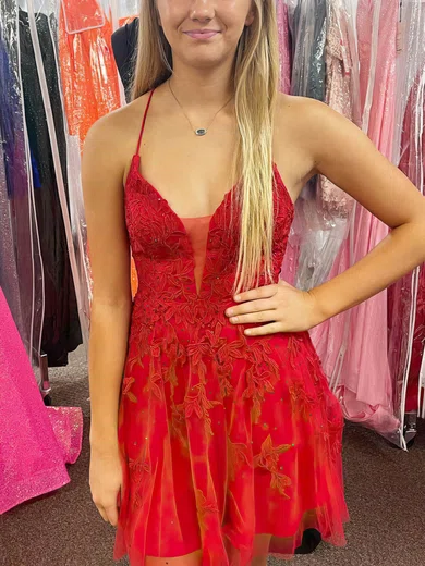 A-line V-neck Tulle Lace Short/Mini Short Prom Dresses With Appliques Lace #Favs020020111174