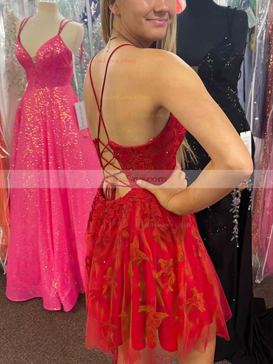 A-line V-neck Tulle Lace Short/Mini Short Prom Dresses With Appliques Lace #Favs020020111174