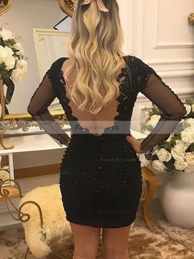 Sheath/Column V-neck Tulle Short/Mini Short Prom Dresses With Lace #Favs020020110417