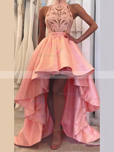 A-line High Neck Satin Asymmetrical Short Prom Dresses With Lace #Favs020020110418