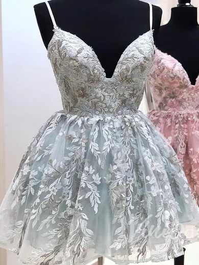 A-line V-neck Tulle Short/Mini Short Prom Dresses With Lace #Favs020020110420