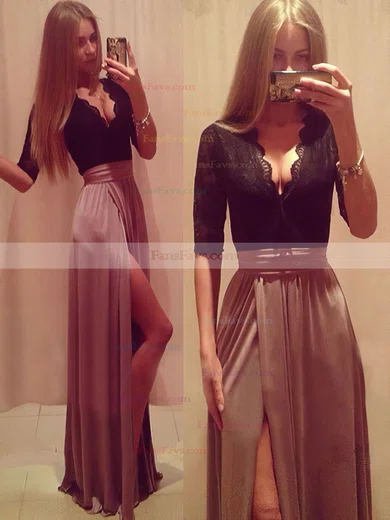 A-line V-neck Floor-length Chiffon Prom Dresses with Lace Split Front #Favs02016899