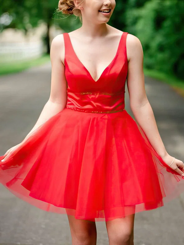 A-line V-neck Tulle Short/Mini Short Prom Dresses With Beading #Favs020020110426