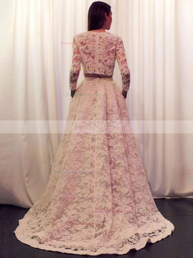 A-line Scoop Neck Lace Sweep Train Pockets Prom Dresses #Favs020103303