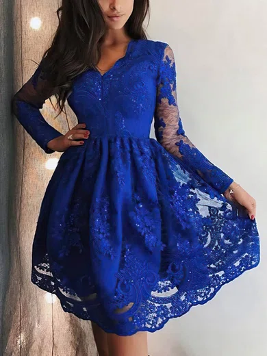 A-line V-neck Lace Short/Mini Short Prom Dresses With Beading #Favs020020110430