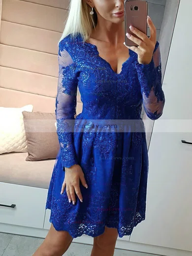 A-line V-neck Lace Short/Mini Short Prom Dresses With Beading #Favs020020110430