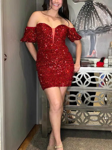 Sheath/Column Off-the-shoulder Sequined Short/Mini Short Prom Dresses #Favs020020111191