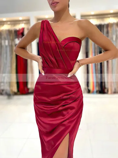 Sheath/Column One Shoulder Satin Tea-length Short Prom Dresses With Split Front #Favs020020110432