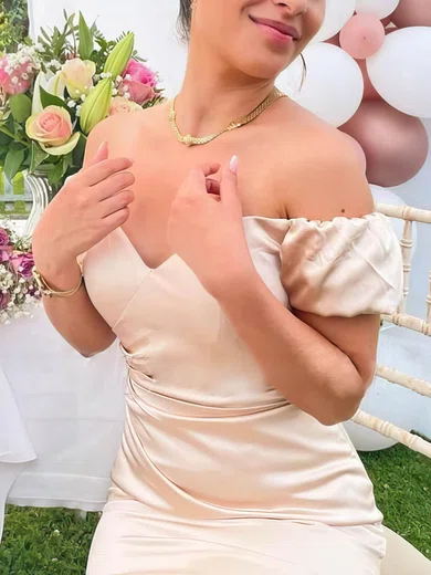 Sheath/Column Off-the-shoulder Satin Tea-length Short Prom Dresses #Favs020020110434