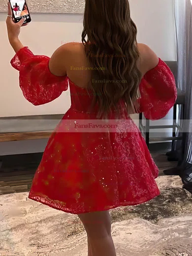 A-line Off-the-shoulder Lace Tulle Short/Mini Short Prom Dresses With Appliques Lace #Favs020020111198